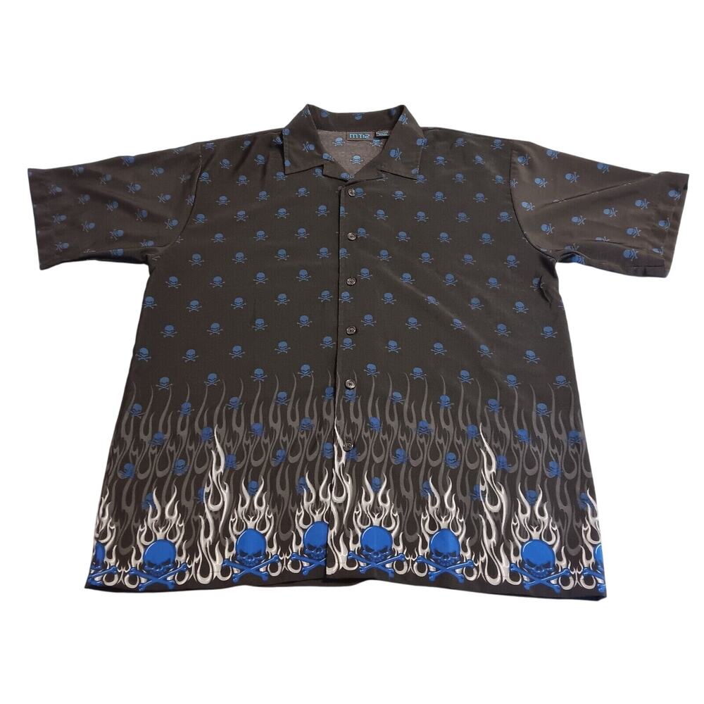 MT2 Button Up Shirt Mens Skulls Skeleton Flames Crossbones Biker Punk Y2K XL Dad